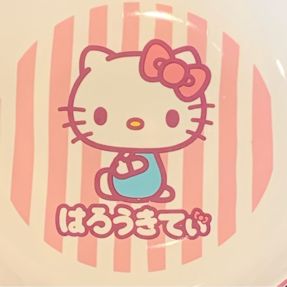 Hello Kitty 46oz Ceramic Dinner Bowl Pink & White Stripes with Japanese Letters - Picture 2 of 9